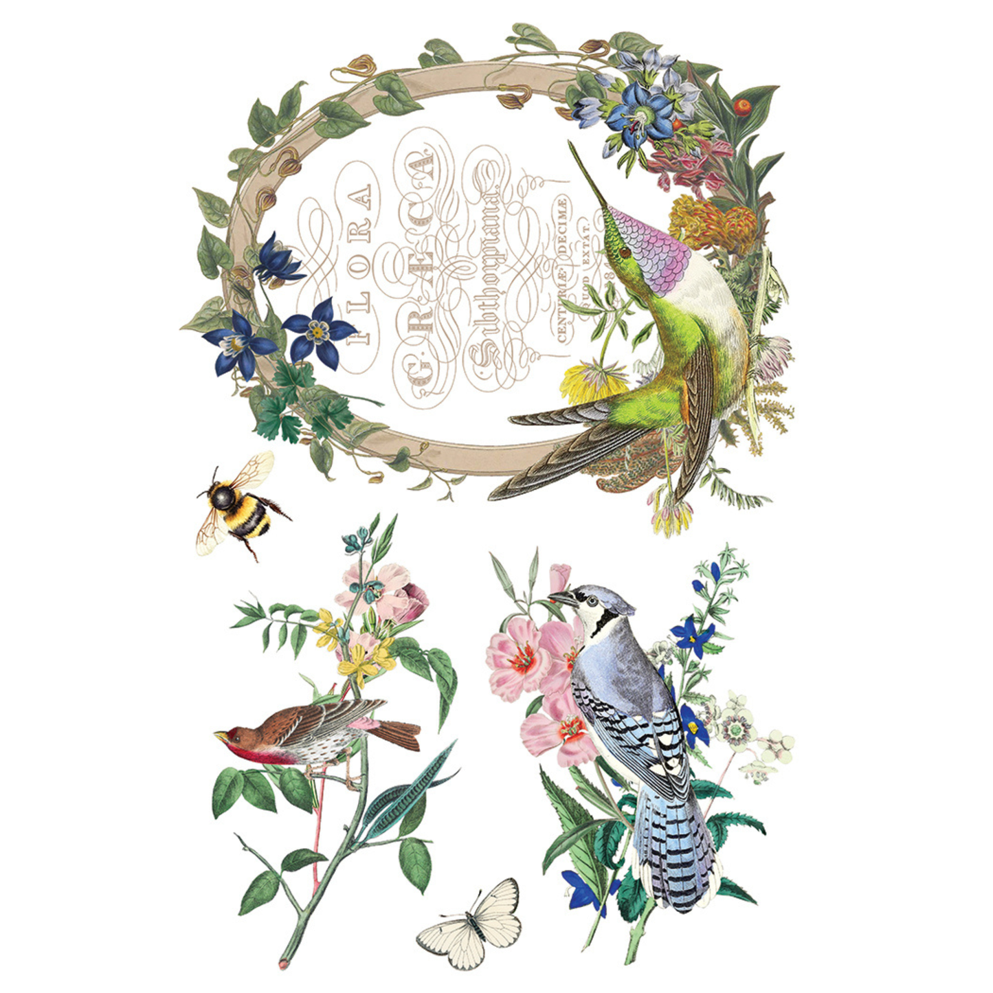 Decorative design with birds, flowers, and a circular emblem on a white background