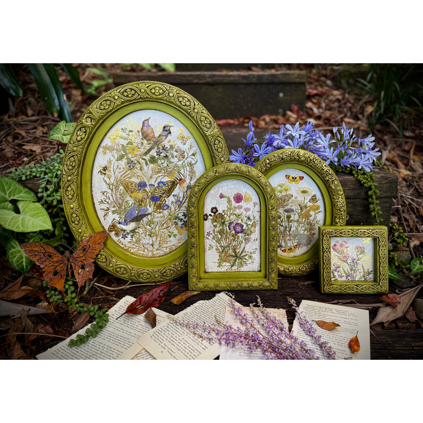 Set of decorative framed pictures with floral and nature-themed designs on a natural background.