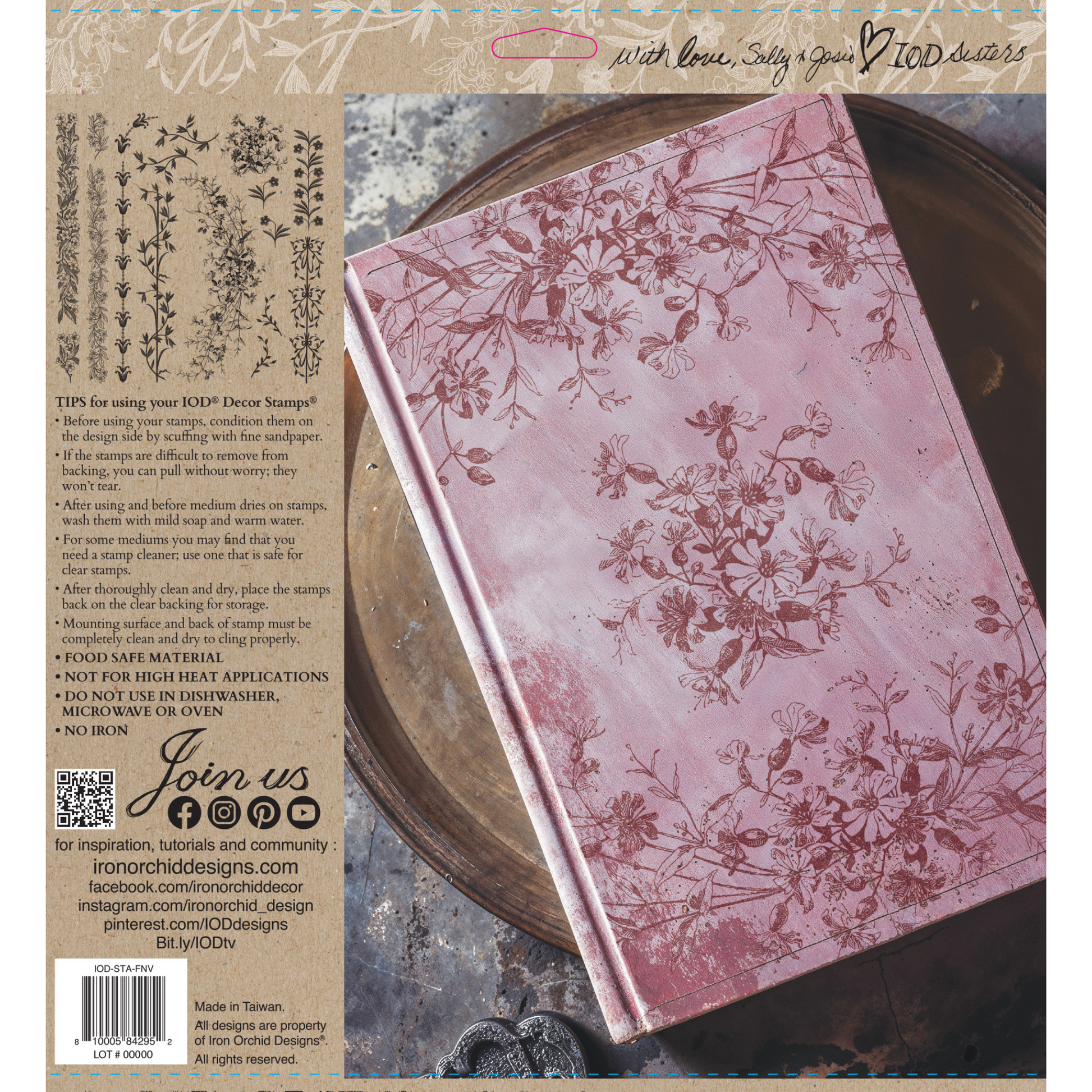"Flora & Vine" IOD Decor Stamp. Single 12" x 12" clear silicone stamp. Available at Milton's Daughter. Back cover.