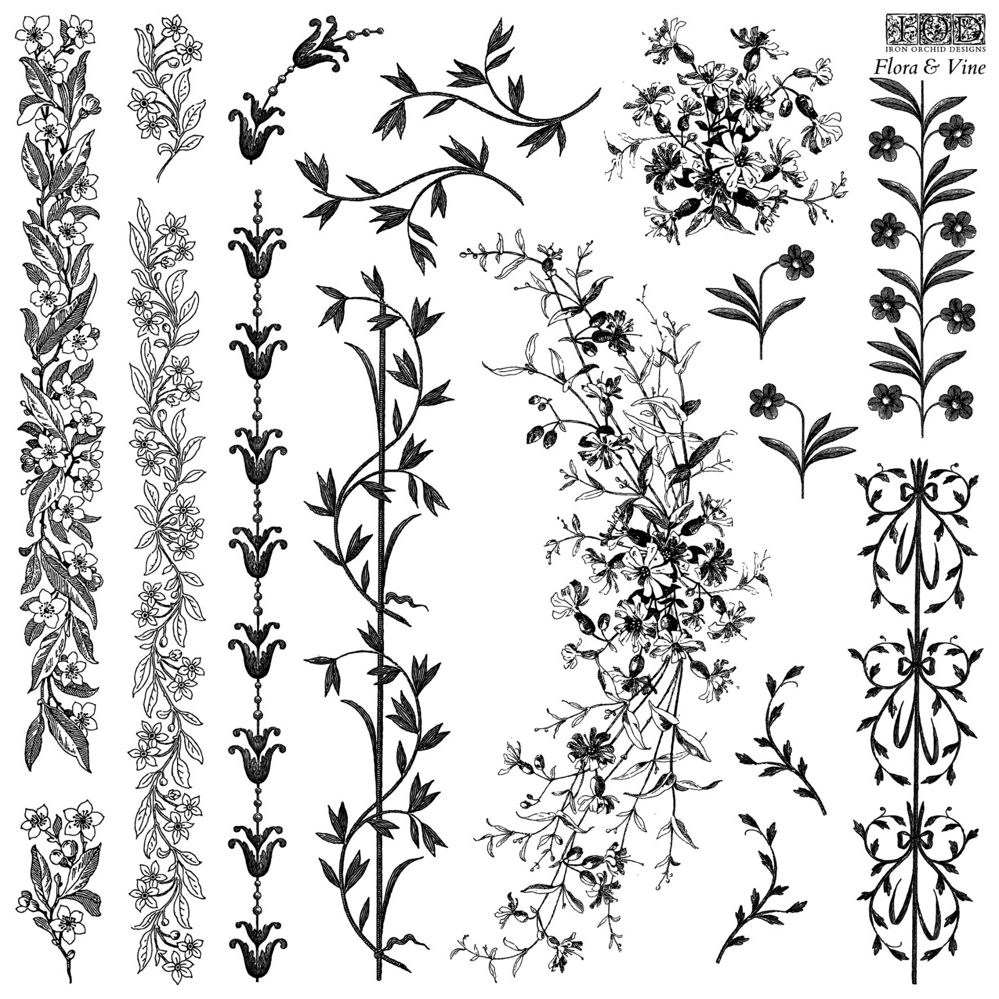 "Flora & Vine" IOD Decor Stamp. Single 12" x 12" clear silicone stamp. Available at Milton's Daughter. Product photo.