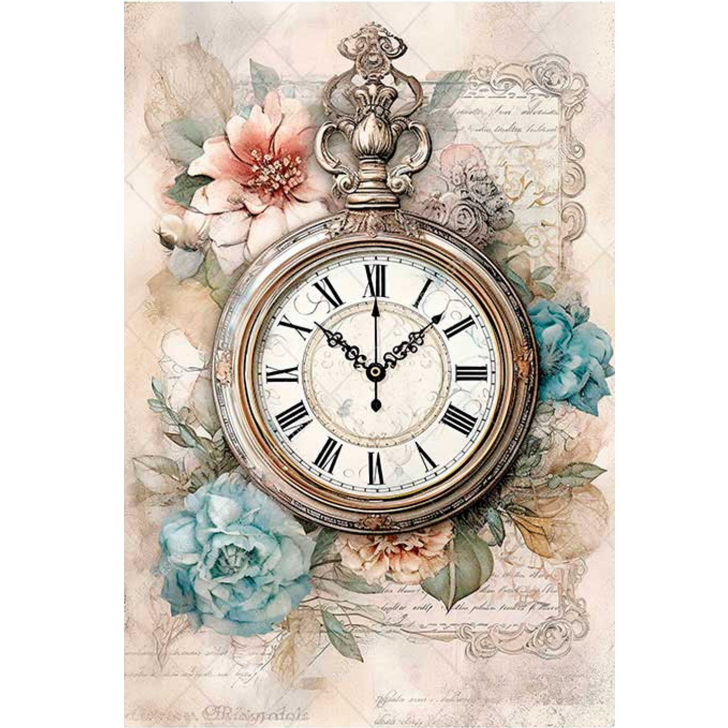 "Floral Timepiece" decoupage rice paper by Paper Designs. Available at Milton's Daughter.