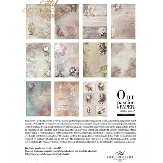 "Flower Post Rose" Decoupage rice paper 11 page set by ITD Collection. Available at Milton's Daughter. Back Cover.