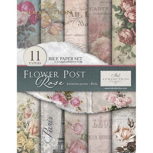 "Flower Post Rose" Decoupage rice paper 11 page set by ITD Collection. Available at Milton's Daughter. Front Cover.