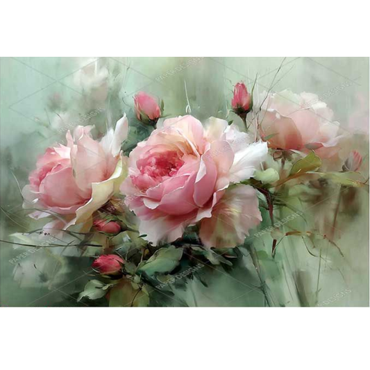 Artistic depiction of pink flowers with a soft green background.