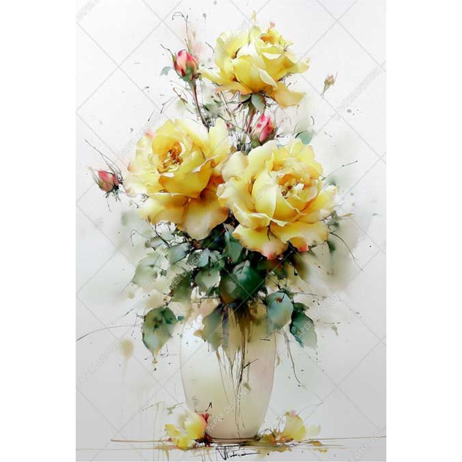 Artistic depiction of yellow roses in a white vase on a white background.