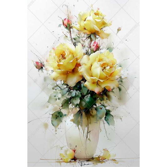 Artistic depiction of yellow roses in a white vase on a white background.