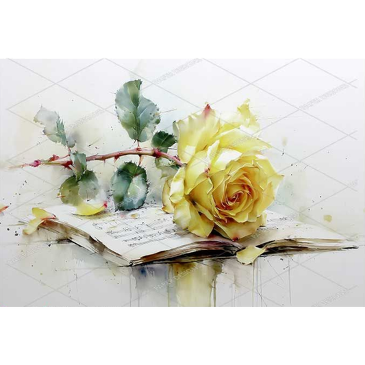 Yellow rose on an open music book with watercolor effect on a white background.