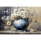Decorative blue vase with floral arrangement on a textured background.