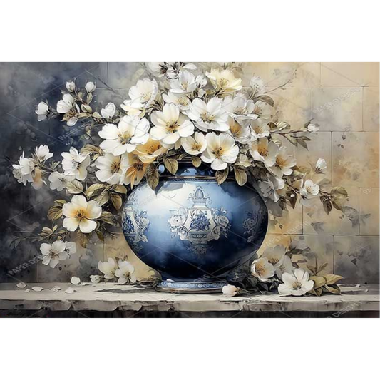 Decorative blue vase with floral arrangement on a textured background.