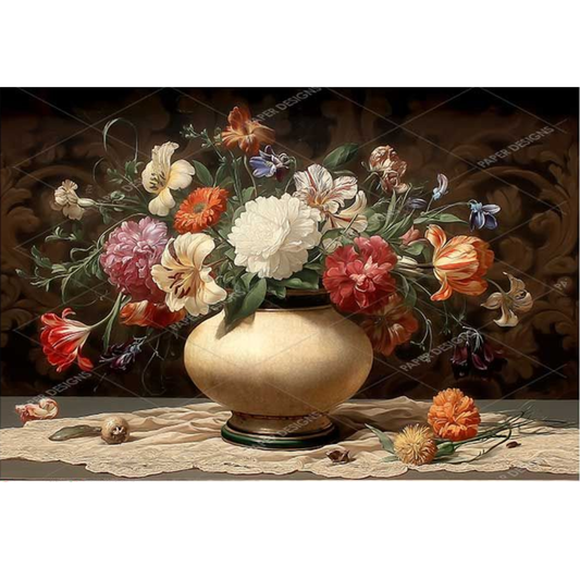 Vase with flowers on a textured surface with a dark background.