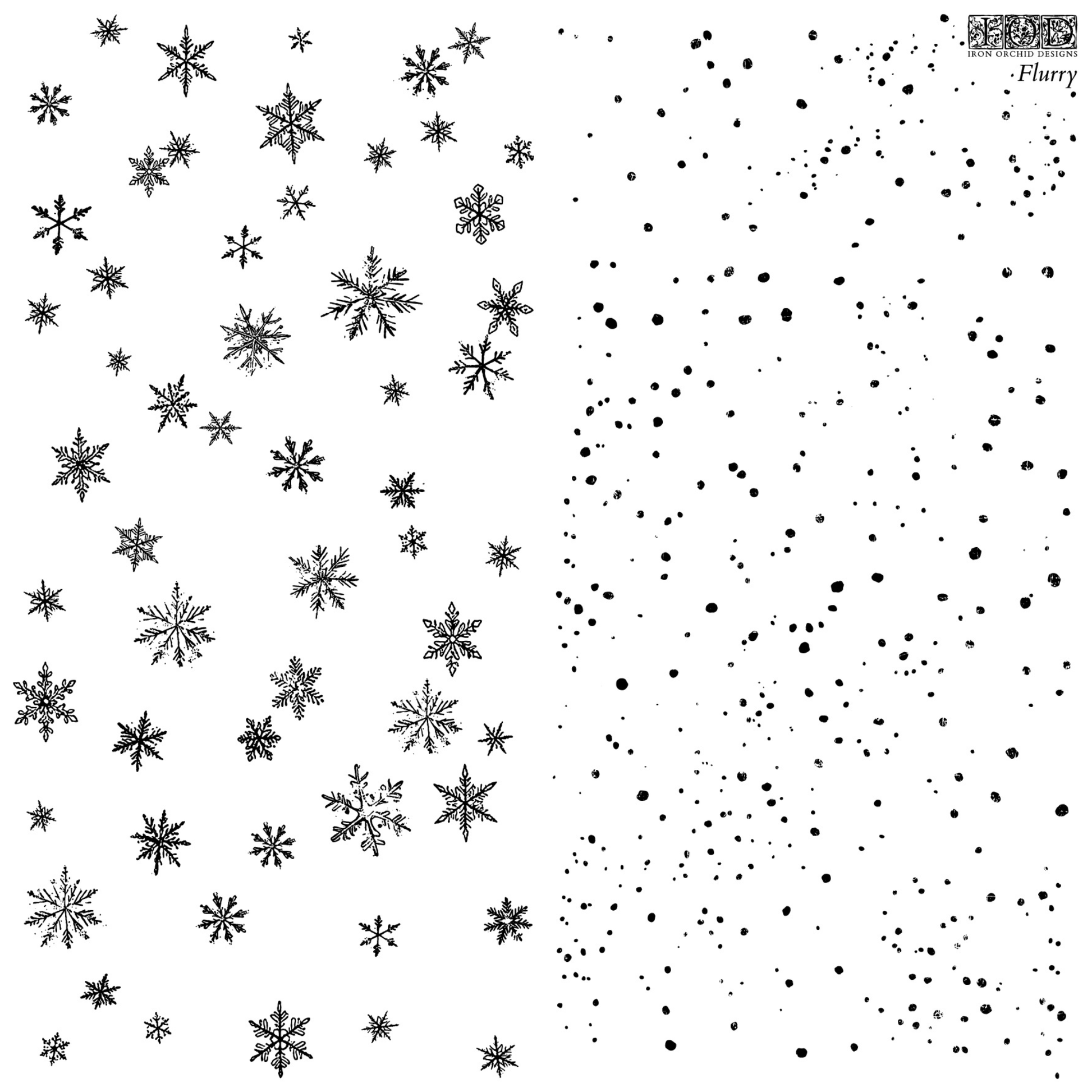 IOD Flurry Stamp by Iron Orchid Designs. Snowflake and dot pattern, split vertically with intricate snowflakes on the left and scattered dots on the right, on a white background.