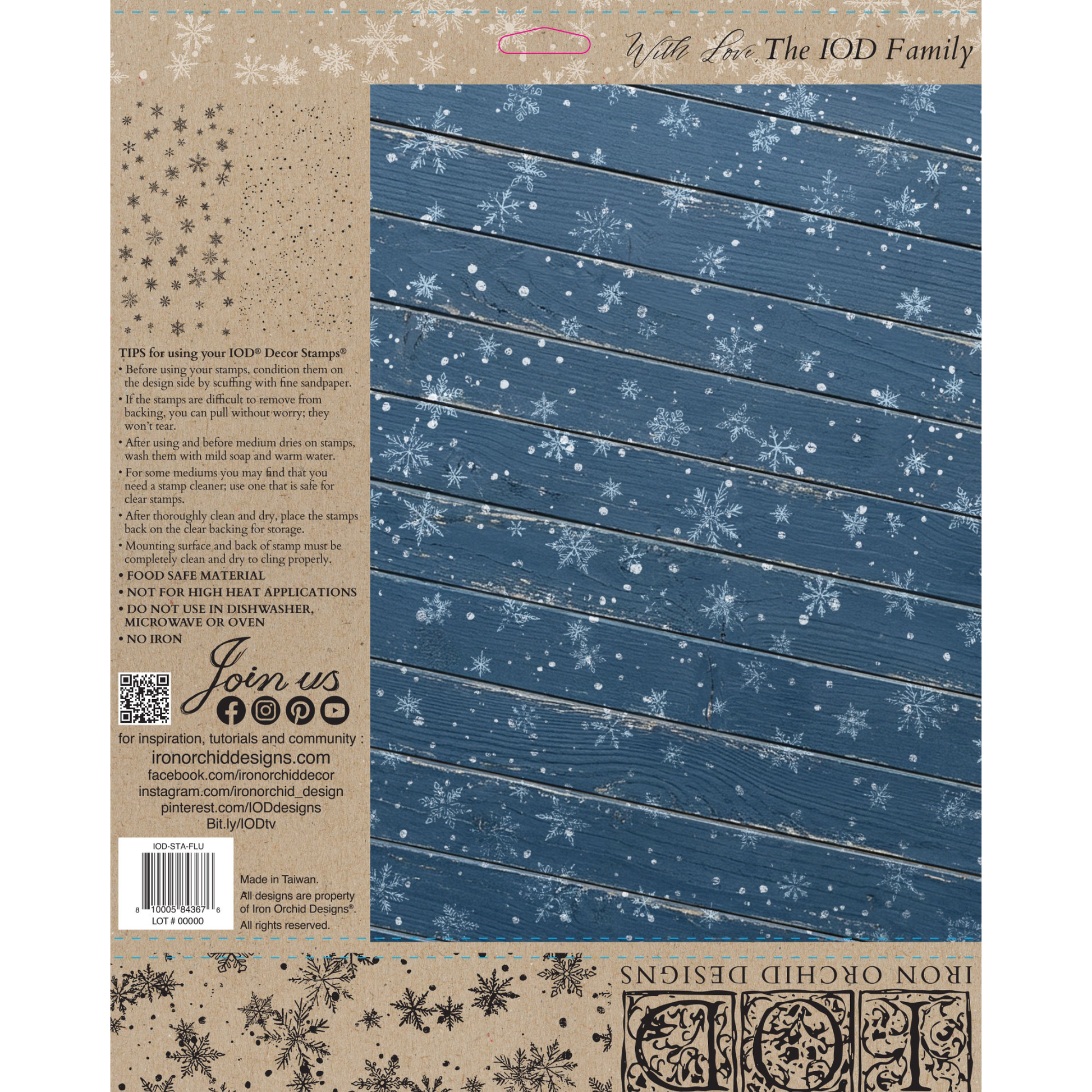 IOD Flurry Stamp by Iron Orchid Designs, Back cover, featuring a blue wood-plank design with white snowflakes, a beige back panel with product details, and branding for Iron Orchid Designs.