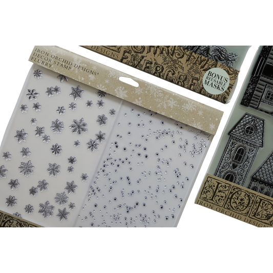 Iron Orchid Designs clear stamp set with silver snowflakes and black dots on a clear sheet, shown with a beige header card and a bonus mask insert.