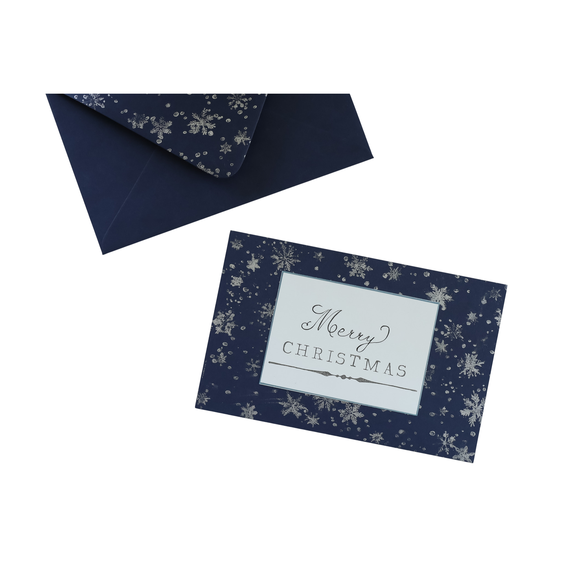 A navy blue Christmas greeting card with a silver snowflake pattern and a white central label reading 'Merry Christmas,' shown with a matching navy envelope on a white background.