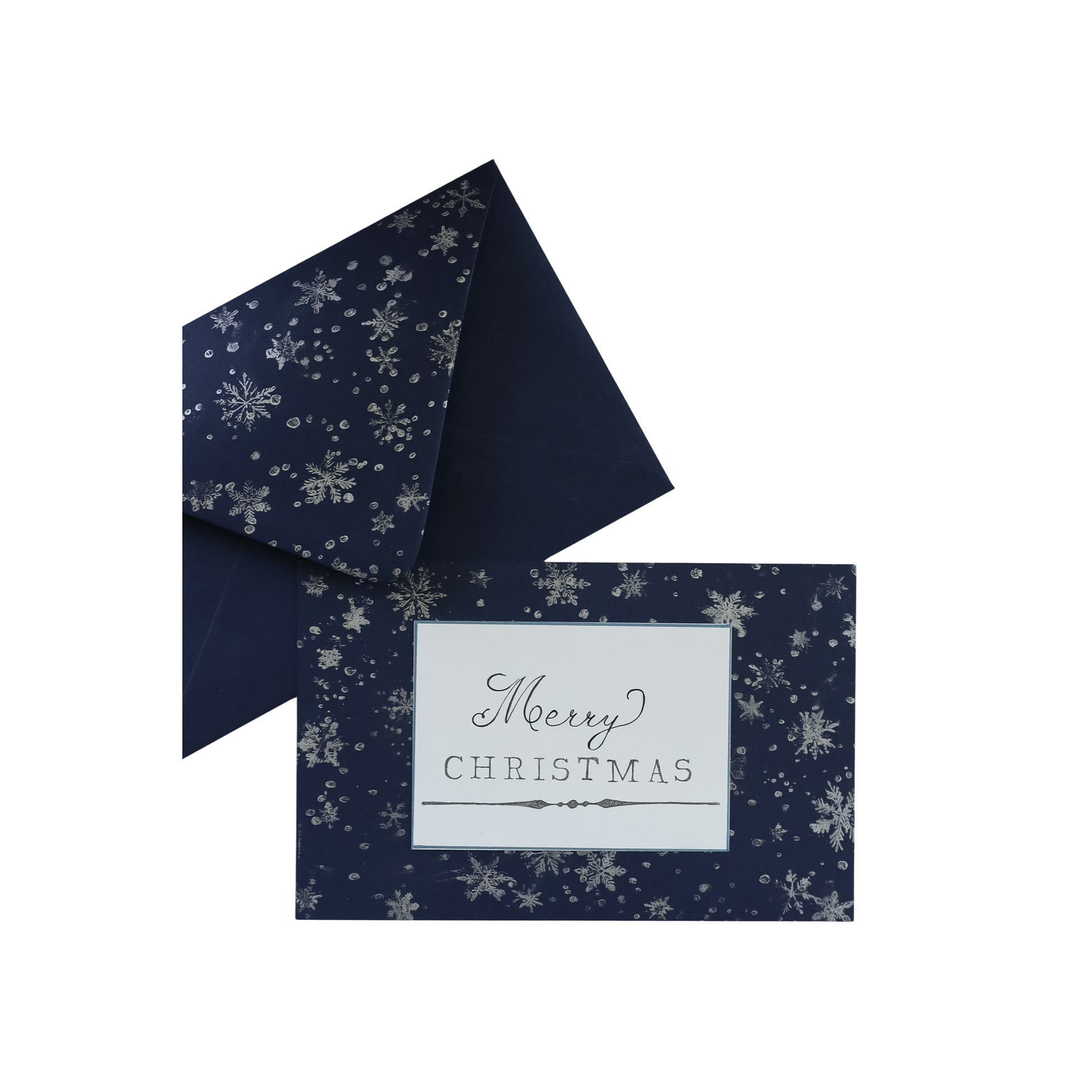 A navy blue Christmas greeting card with a white snowflake pattern and a white label reading 'Merry Christmas,' shown with a matching navy envelope on a white background.