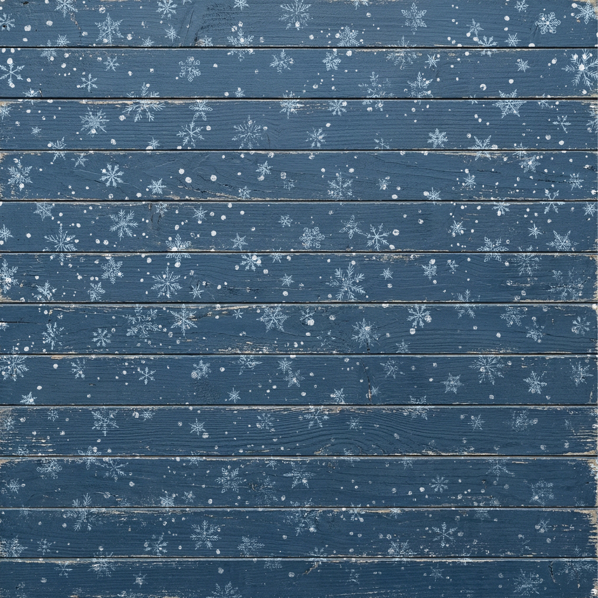 A square product shot of a rustic blue wooden panel with a distressed finish, decorated with a scattered pattern of white and light gray snowflakes.
