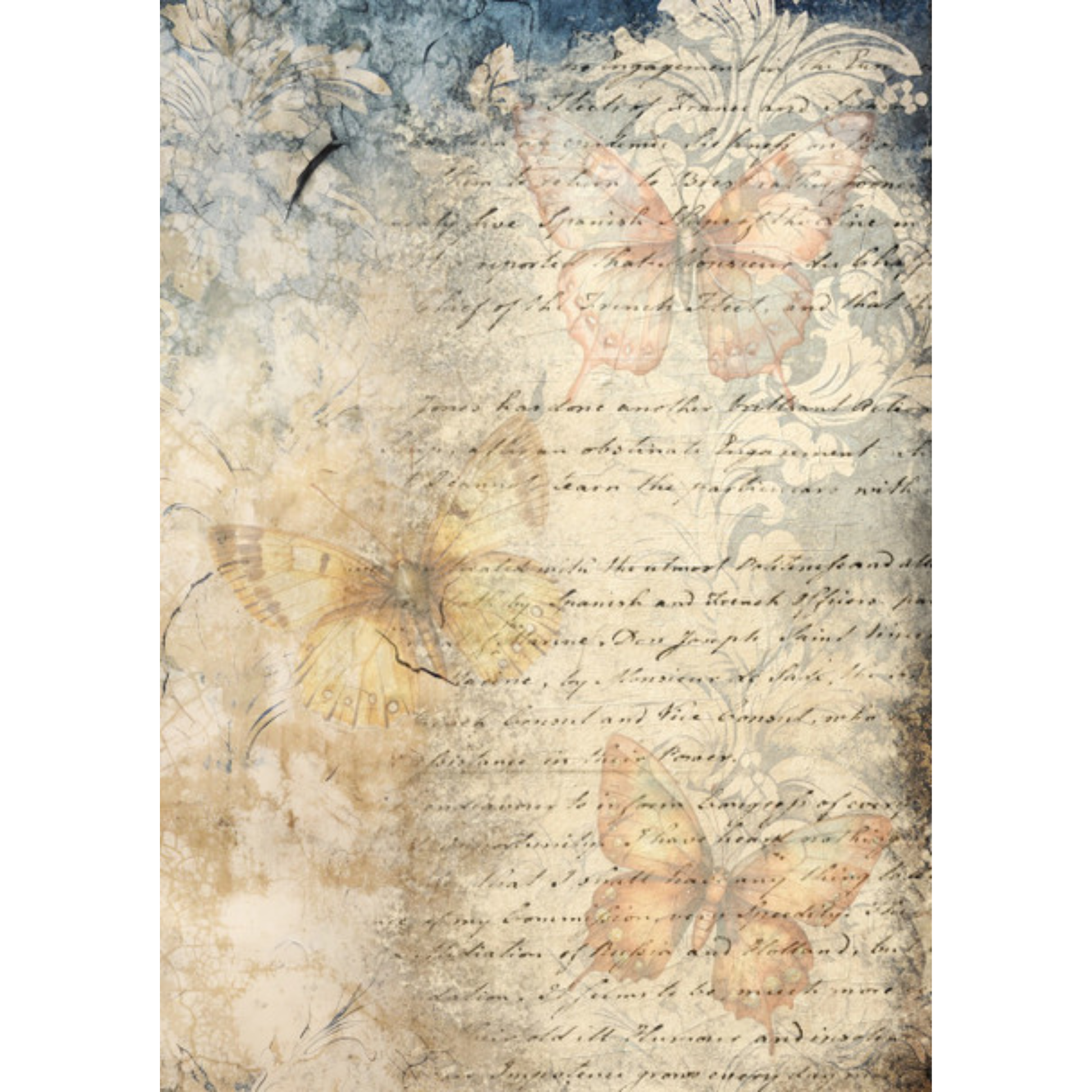Decorative paper with butterflies and text on a peach colored background.
