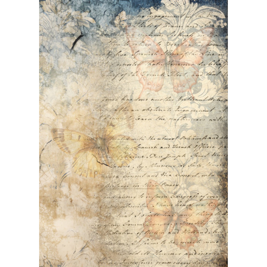 Decorative paper with butterflies and text on a peach colored background.