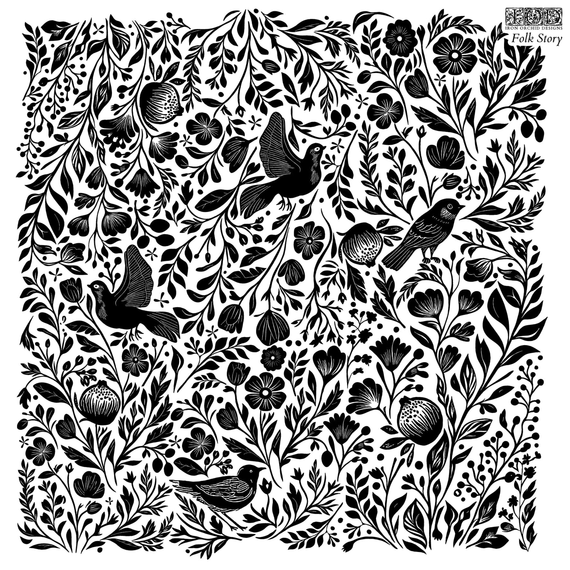 "Folk Story" IOD Decor Stamp by iron Orchid Designs. Single sheet clear silicone stamp. Available at Milton's Daughter. Product photo.
