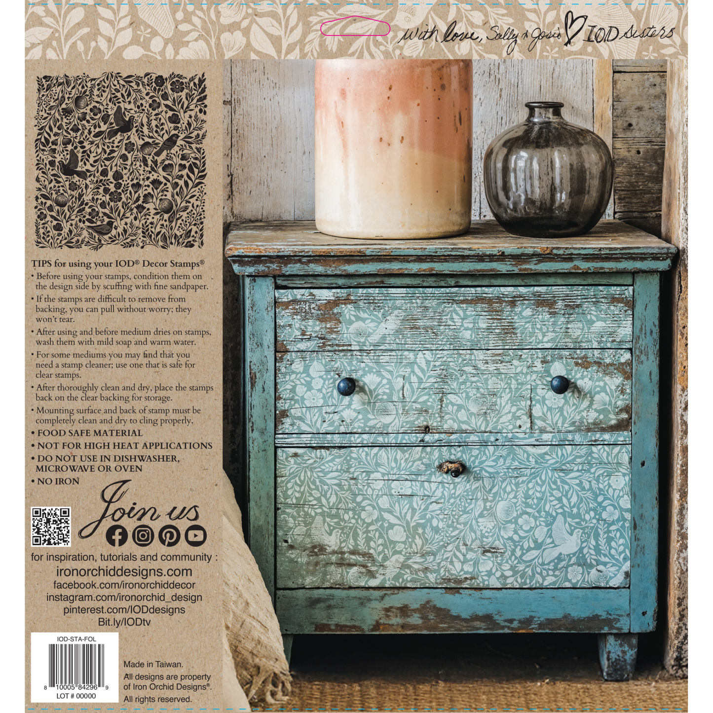 "Folk Story" IOD Decor Stamp by iron Orchid Designs. Single sheet clear silicone stamp. Available at Milton's Daughter. Package photo.