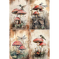 Four images featuring toadstools, hummingbirds, and dragonflies on a textured background.