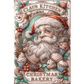 A vintage-style illustrated sign or poster for Claus Kitchen Christmas Bakery, featuring an ornate portrait of Santa Claus surrounded by cupcakes, pinecones, berries, holly, and the text 'CLAUS KITCHEN' at the top and 'CHRISTMAS BAKERY' at the bottom.