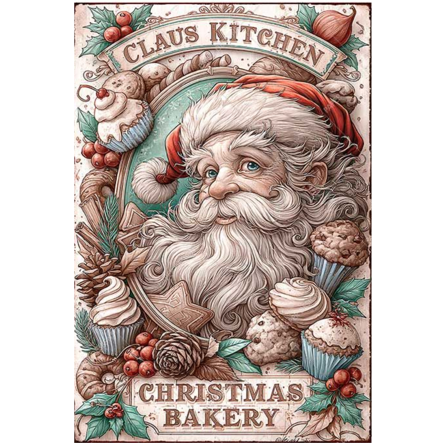 A vintage-style illustrated sign or poster for Claus Kitchen Christmas Bakery, featuring an ornate portrait of Santa Claus surrounded by cupcakes, pinecones, berries, holly, and the text 'CLAUS KITCHEN' at the top and 'CHRISTMAS BAKERY' at the bottom.