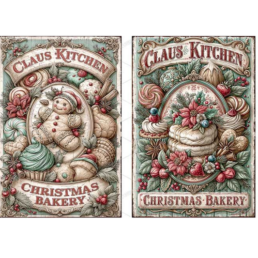 Two matching vintage-style Christmas bakery signs or labels shown side by side on a white background. The left sign shows a gingerbread man cookie, and the right shows cupcakes; the text 'Claus Kitchen' and 'Christmas Bakery appear in both images.