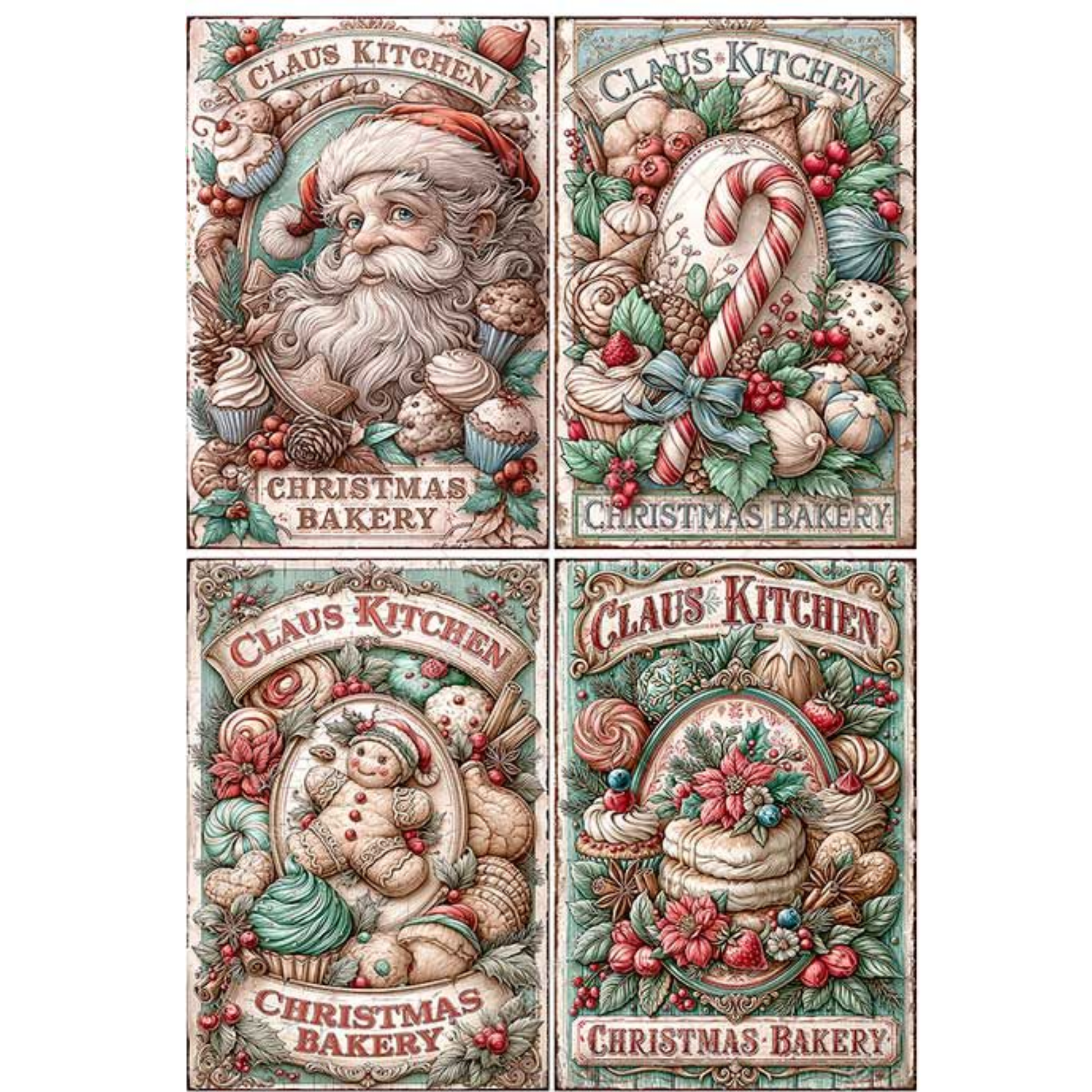 Four vintage-style Christmas bakery illustrations arranged in a grid, each with the text 'Claus Kitchen' and 'Christmas Bakery.' The designs feature Santa, cupcakes, candy canes, snowman, and holiday fruit in muted red, green, beige, and brown tones on a white background.