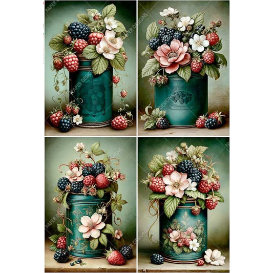 Decorative image of a teal canister with flowers and berries in four different views.