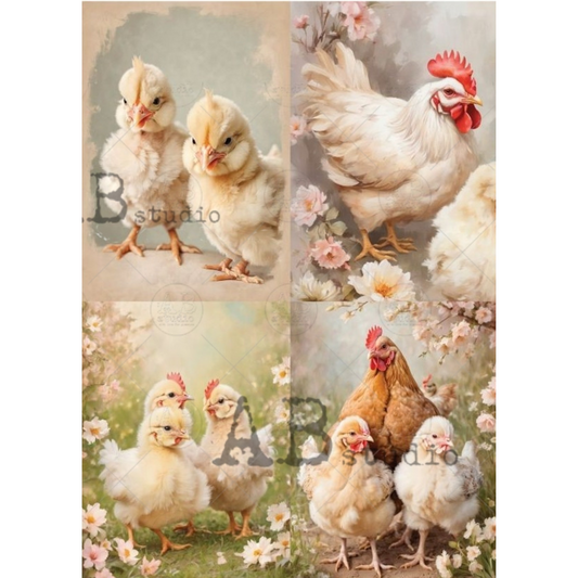 "Four Chicks & Hens Scenes" decoupage rice paper by AB Studio. Available at Milton's Daughter.