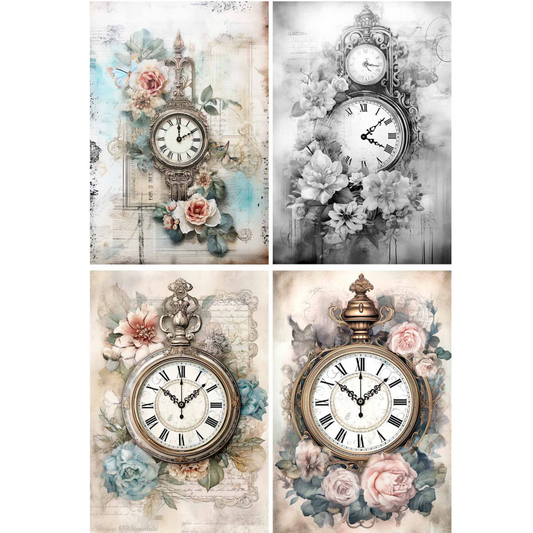 "Four Clock 4 Pack" decoupage rice paper by Paper Designs. Avaiable at Milton's Daughter.
