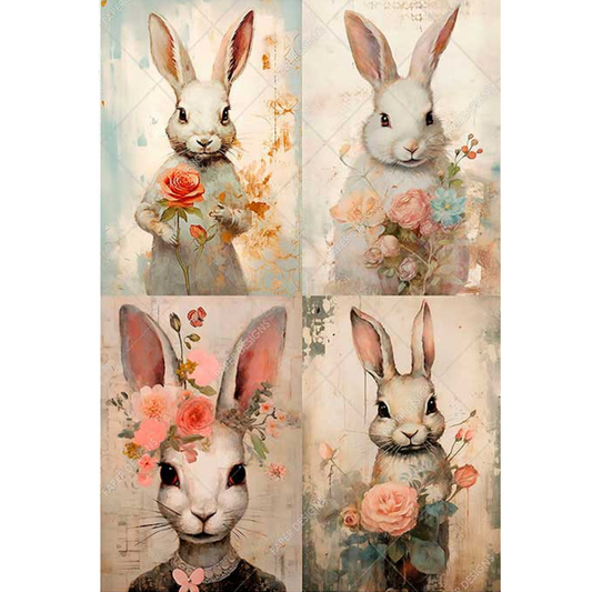 "Four Floral Bunnies" decoupage rice paper by Paper Designs. Available at Milton's Daughter.