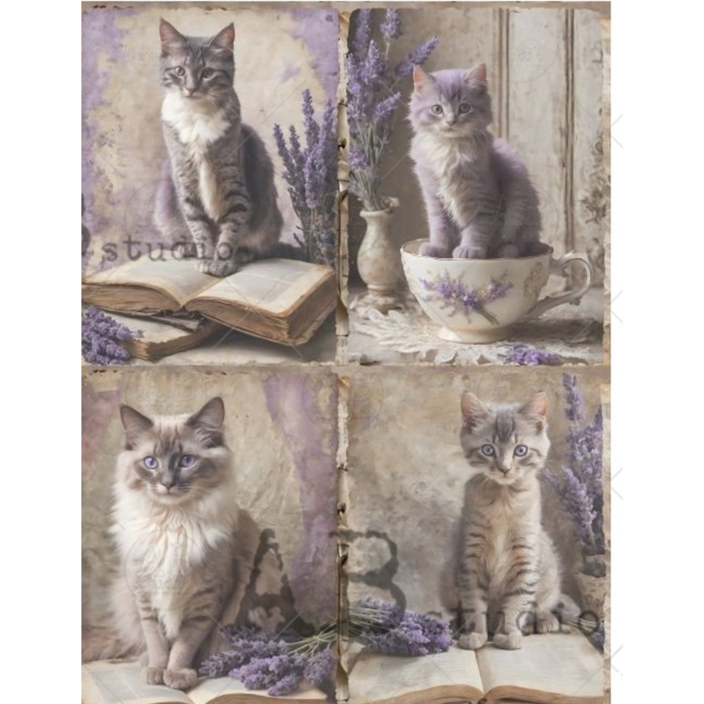 "Four Lavender Kitties" decoupage rice paper by AB Studio. Available at Milton's Daughter.