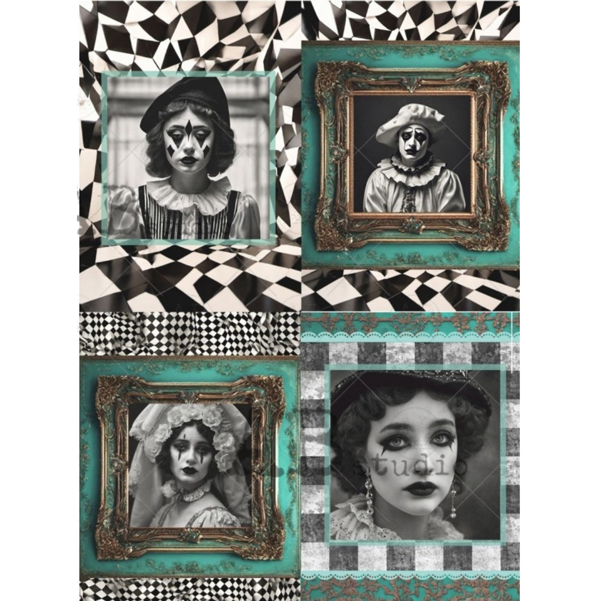 Four Mime Portraits Decoupage Rice Paper – Milton's Daughter