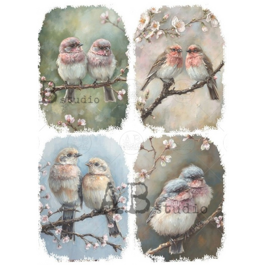 "Four Pastel Birds" decoupage rice paper by AB Studio. Available at Milton's Daughter.