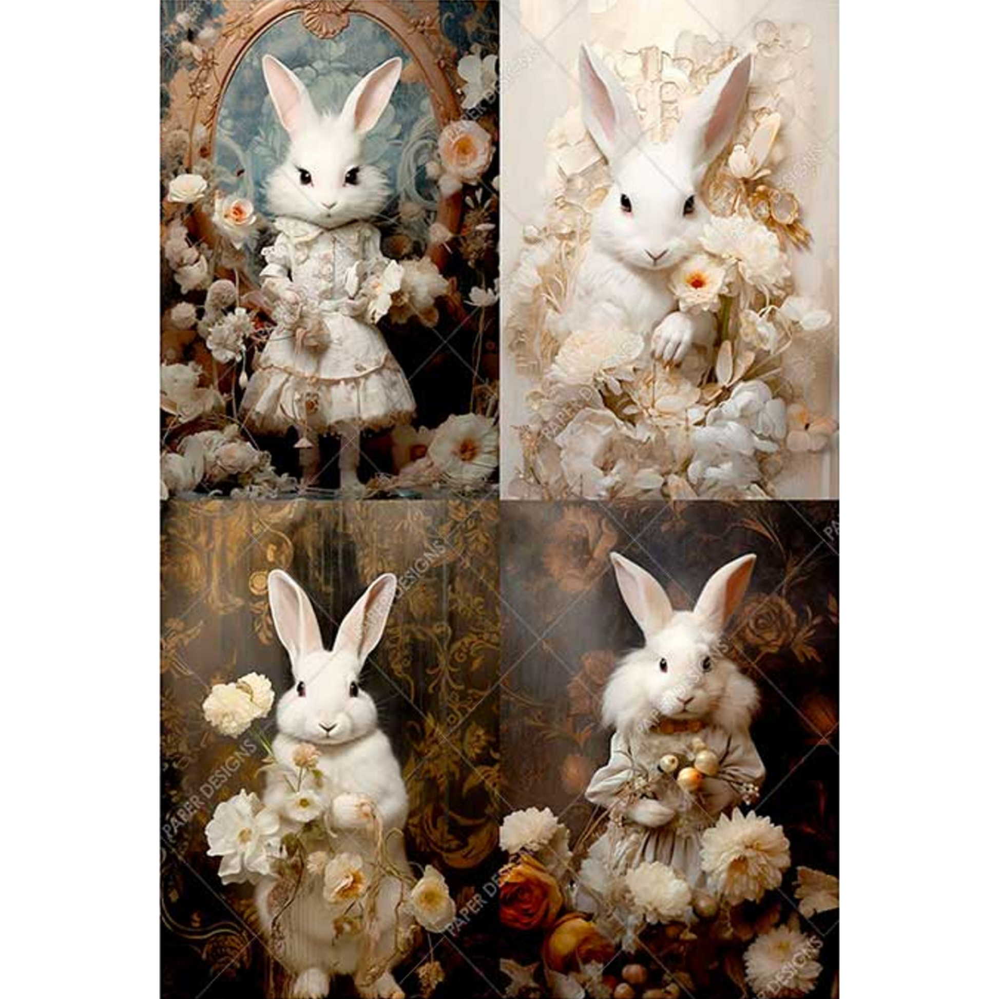 "Four Victorian Bunny Portraits" decoupage rice paper by Paper Designs. Available at Milton's Daughter.