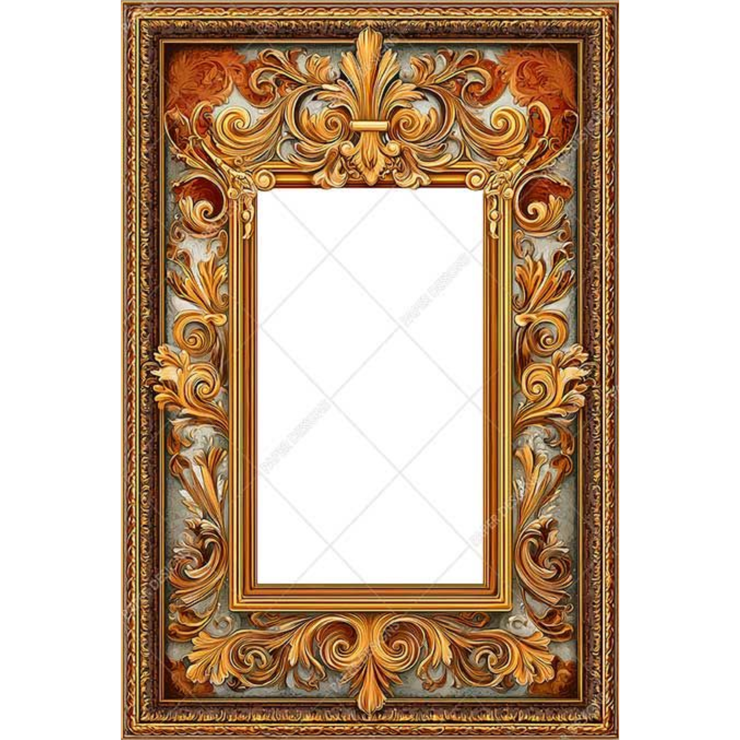 Decorative gold frame with intricate designs on a white background.