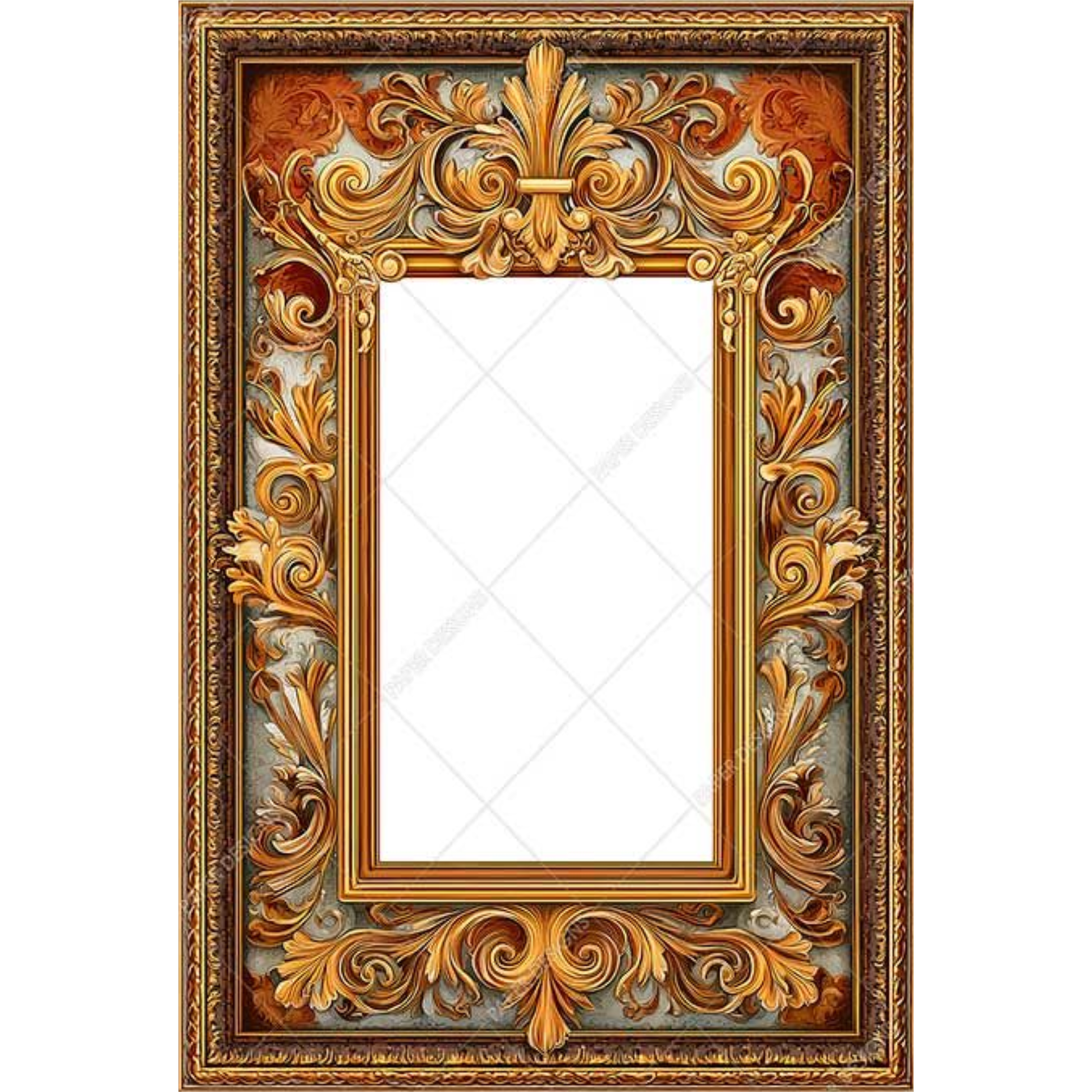 Decorative gold frame with intricate designs on a white background.