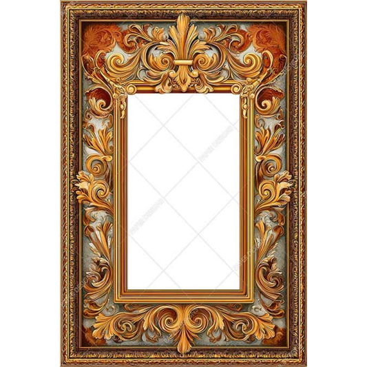 Decorative gold frame with intricate designs on a white background.