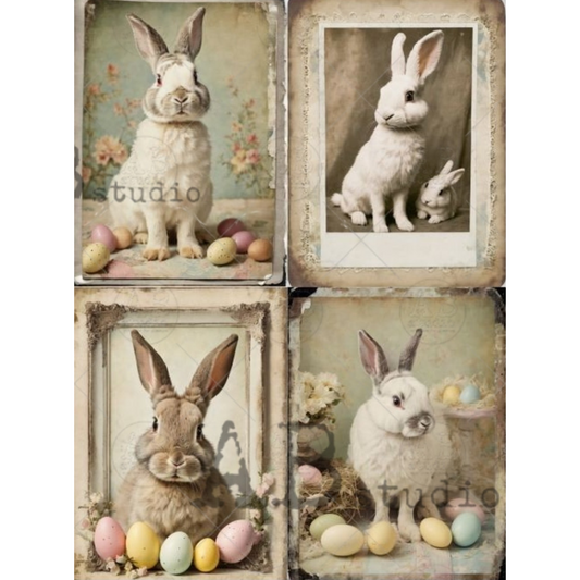 "Framed Bunnies with Eggs 4 Pack" decoupage rice paper by AB Studios. Available at Milton's Daughter.