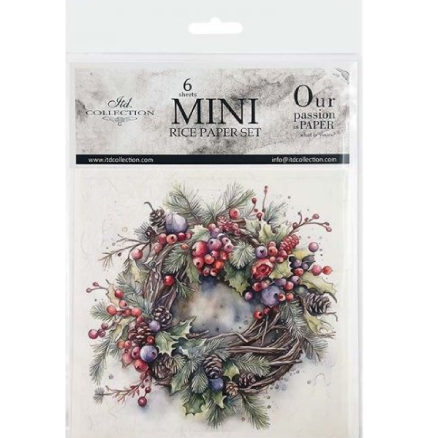 Packaging of mini rice paper set with a decorative wreath design on a white background