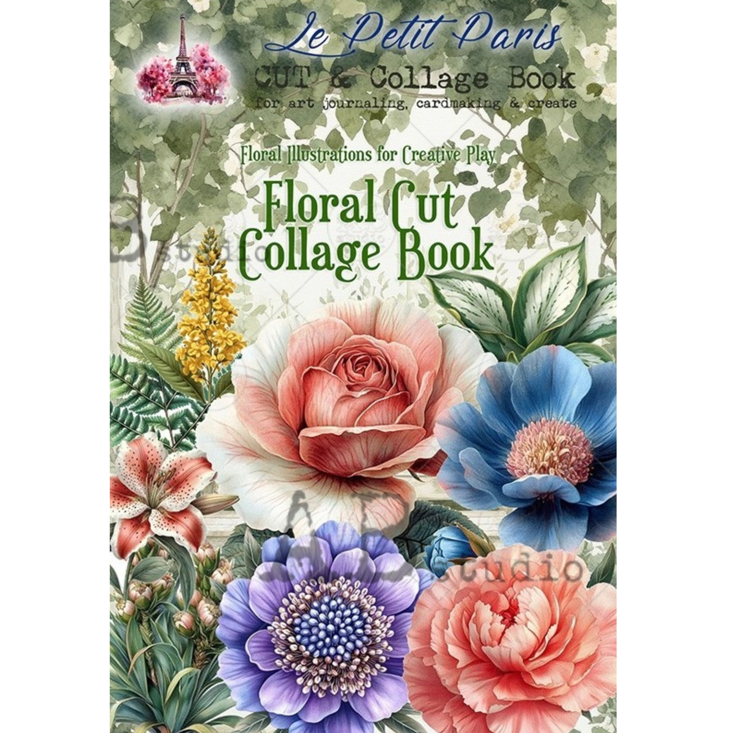 Floral cut collage book cover with colorful flowers and greenery, featuring the Le Petit Paris brand.