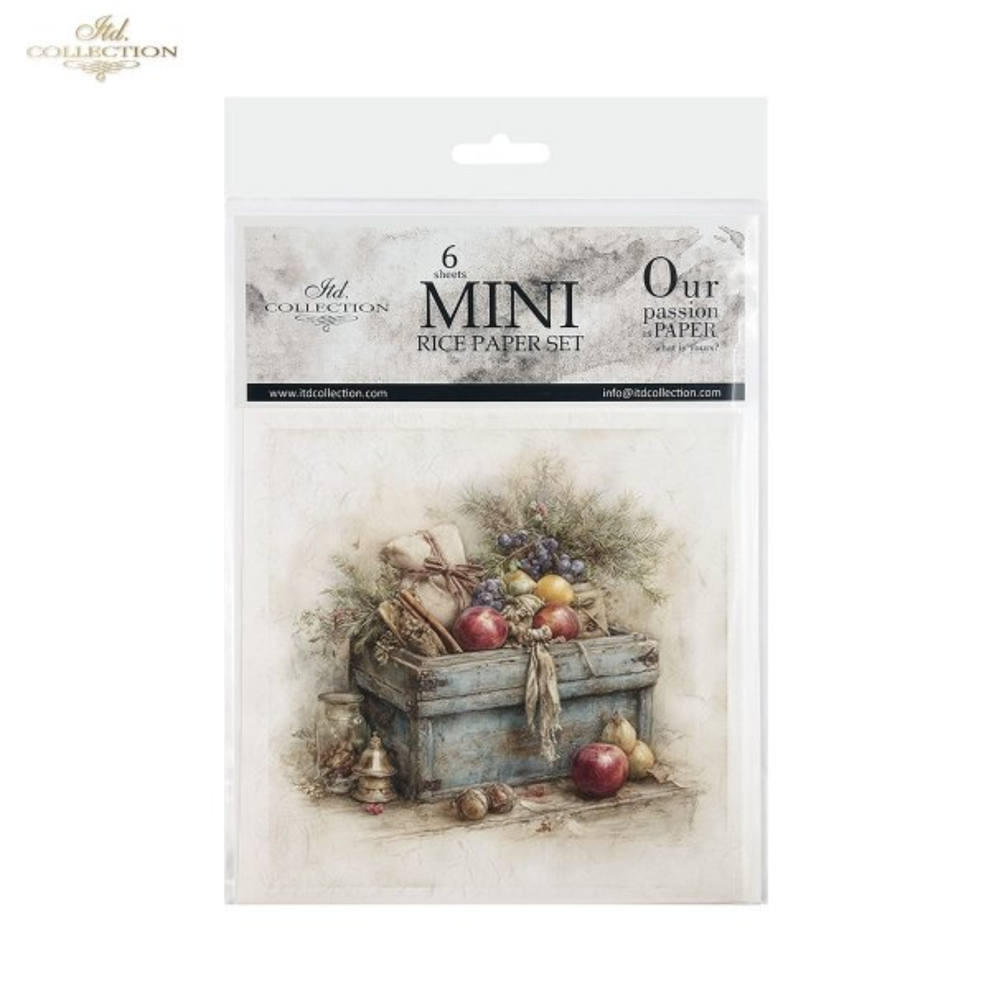 A packaged set of six mini rice paper sheets from ITD Collection, Front Cover.