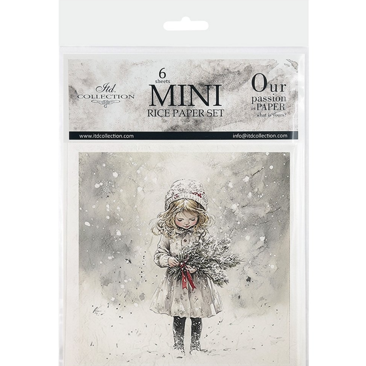 ITD Collection mini rice paper set packaging with a girl holding flowers in the snow.