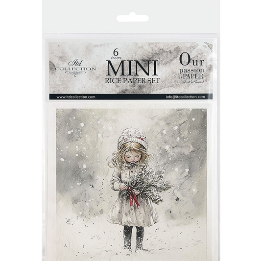 ITD Collection mini rice paper set packaging with a girl holding flowers in the snow.