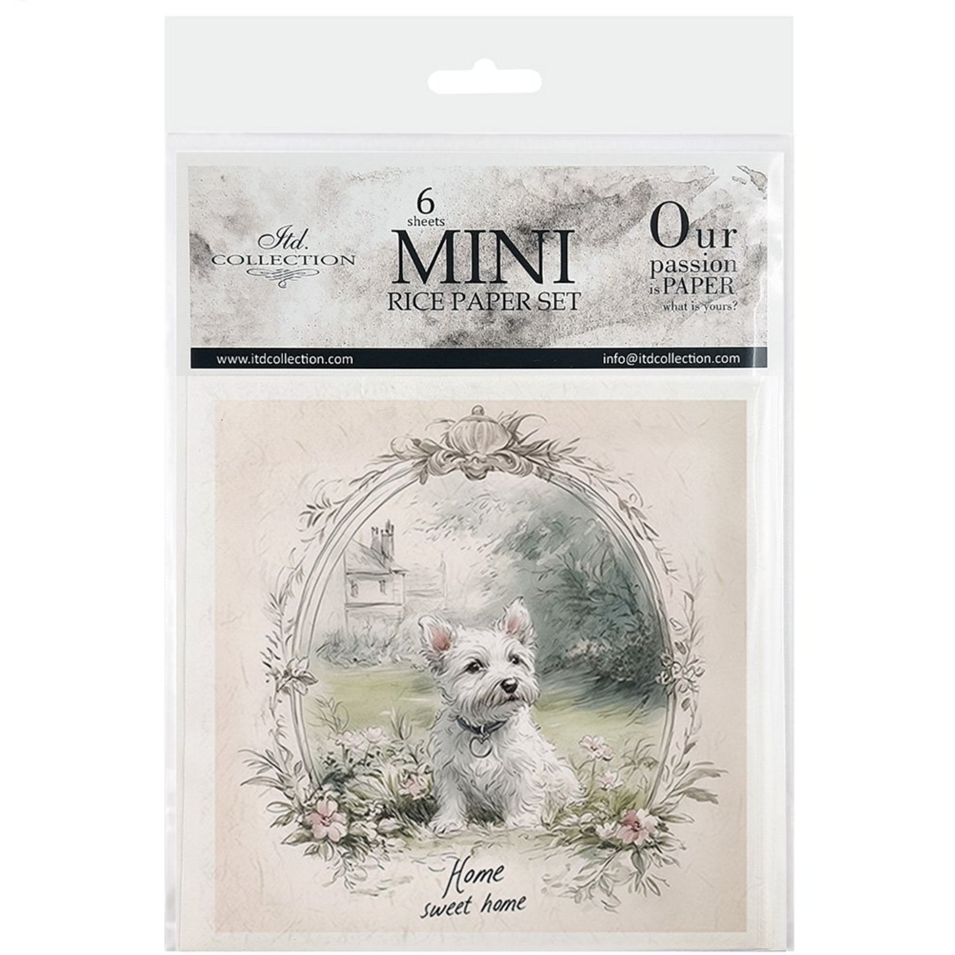 Packaging of 6 mini rice paper set with a dog illustration on a white background