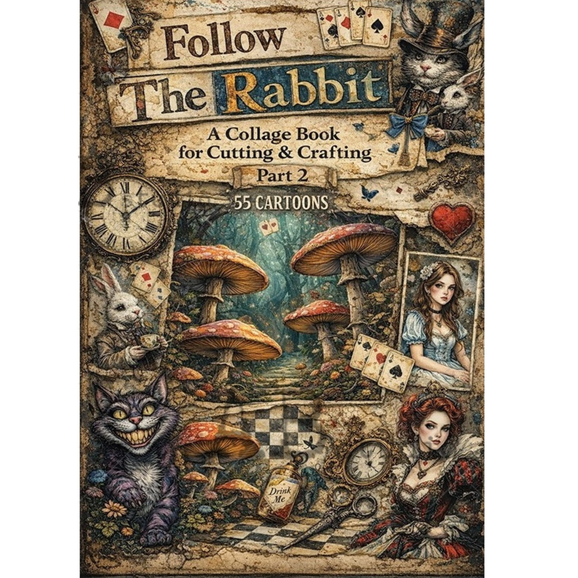 Collage book cover with illustrations of characters and objects, featuring text 'Follow The Rabbit'.