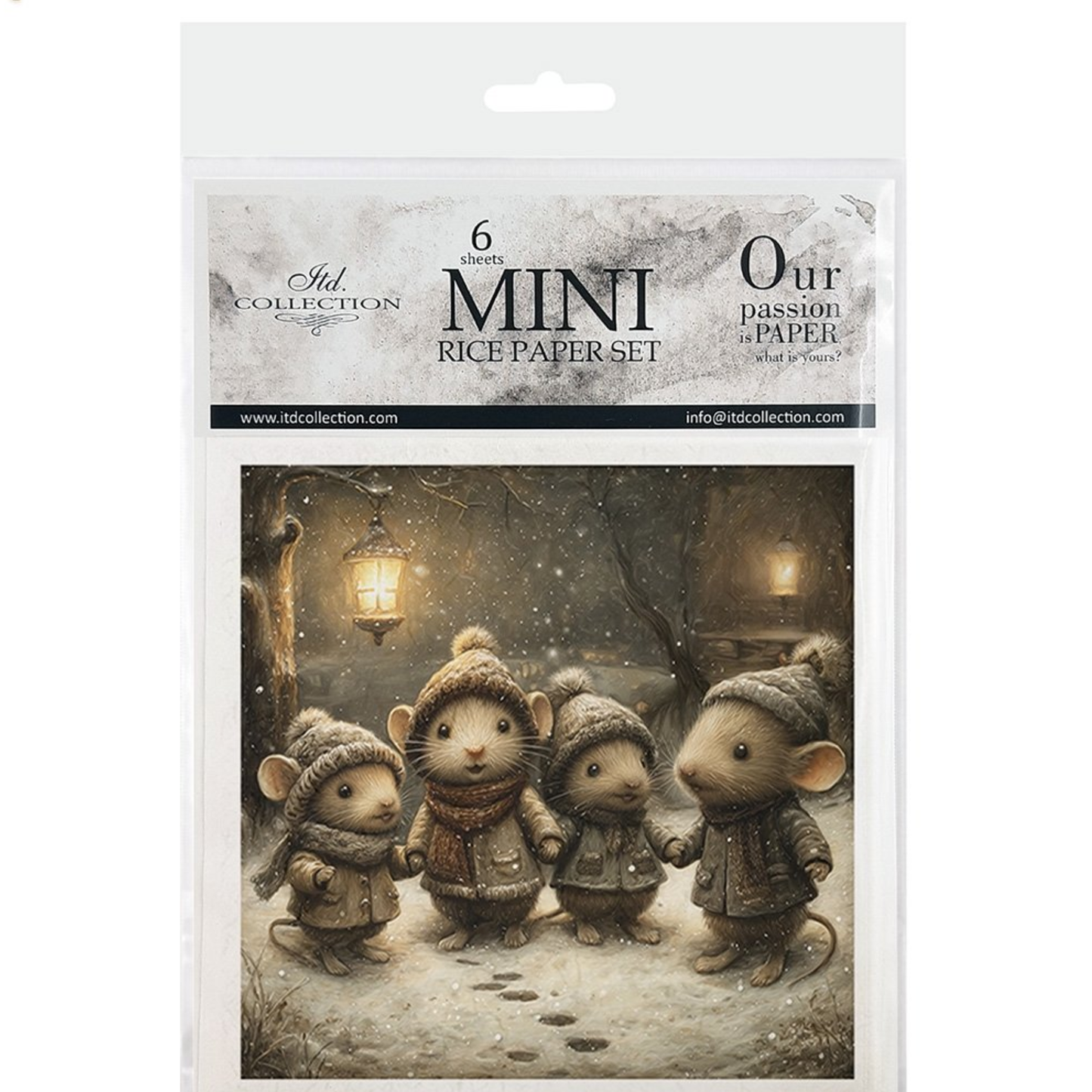 Front cover image with illustration of mice in vintage winter clothing gathered on a snowy setting.