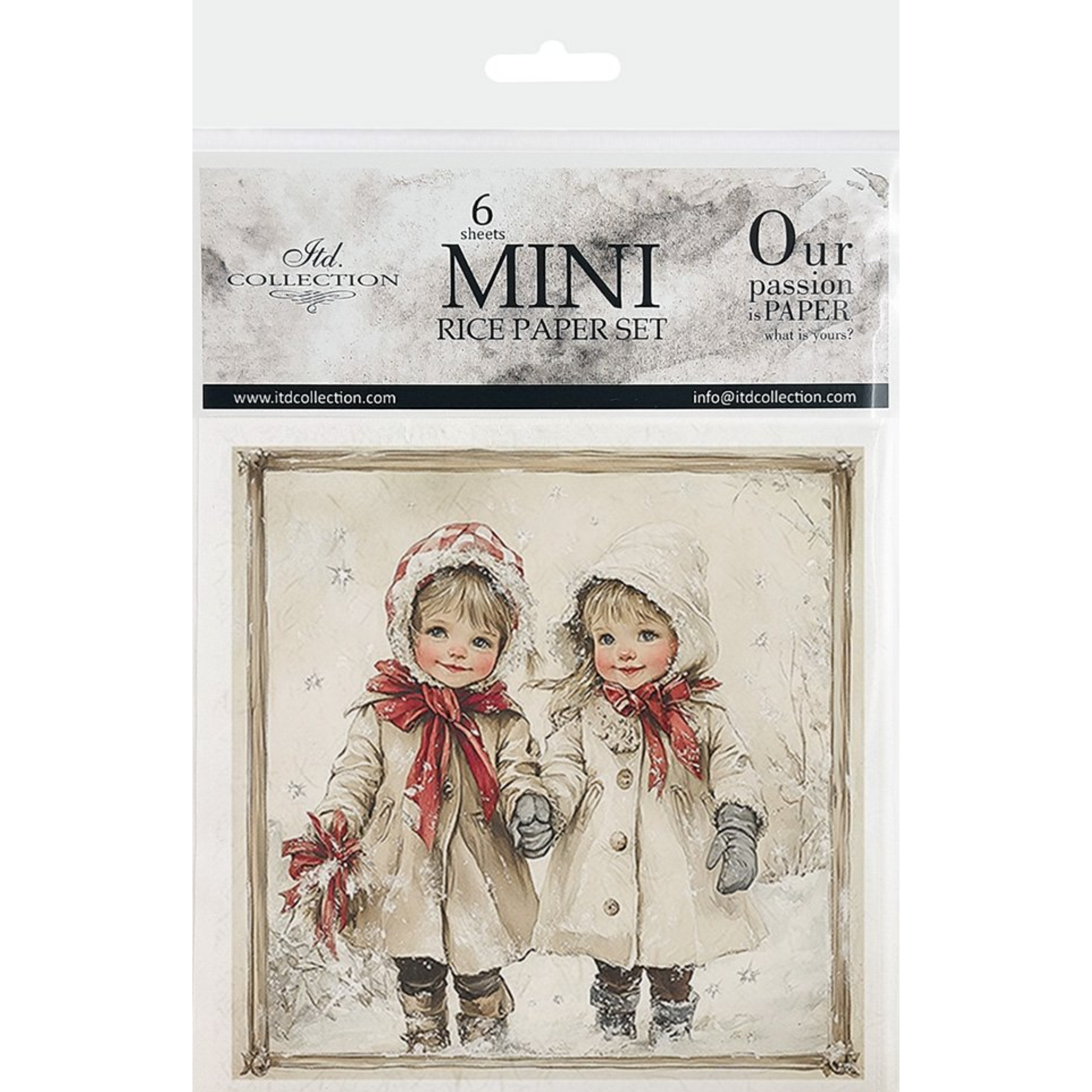 Packaging of mini rice paper set with illustration of two children in winter clothing.